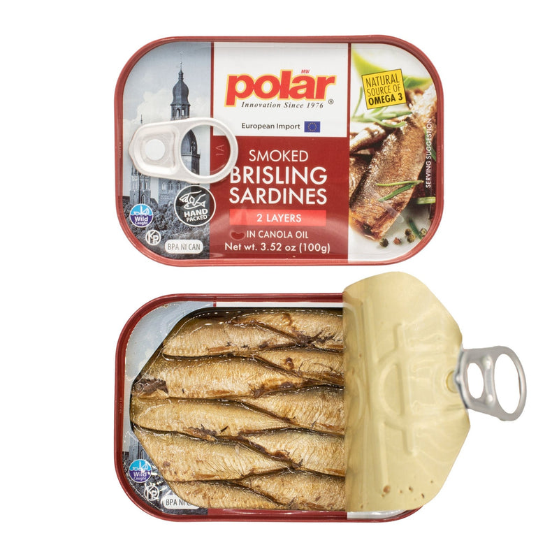 Load image into Gallery viewer, Smoked Brisling Sardines in Canola Oil, Wild Caught - 3.52 oz - 12 Pack - Polar