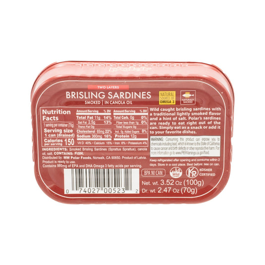 Smoked Brisling Sardines in Canola Oil, Wild Caught - 3.52 oz - 12 Pack - Polar