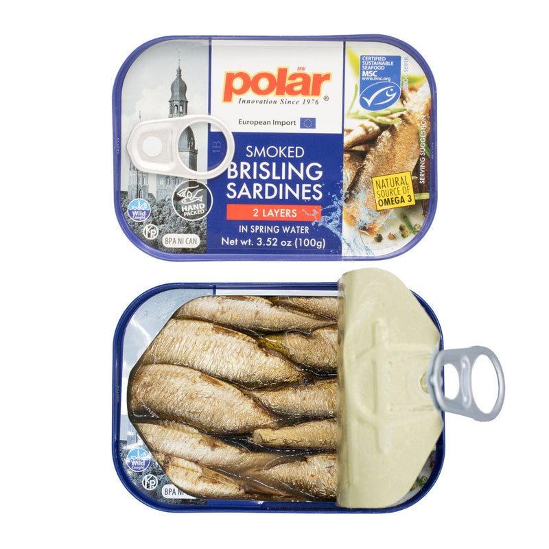 Load image into Gallery viewer, Smoked Brisling Wild Caught Sardines in Spring Water - 3.52 oz Can - 12 Pack - Polar
