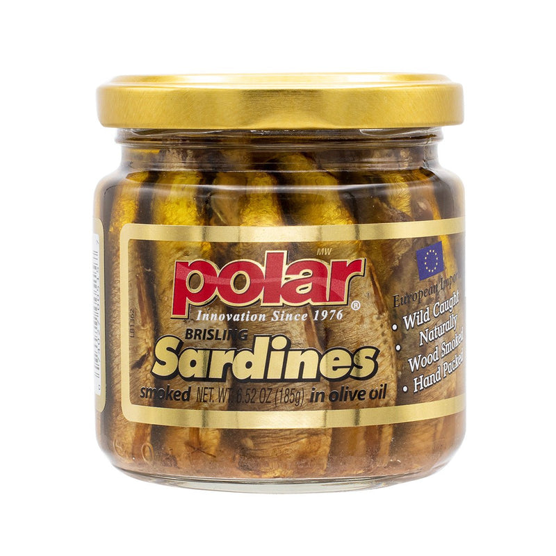 Load image into Gallery viewer, Brisling Sardines Smoked in Olive Oil in Glass Jar - 6.5 oz - 12 Pack - Polar
