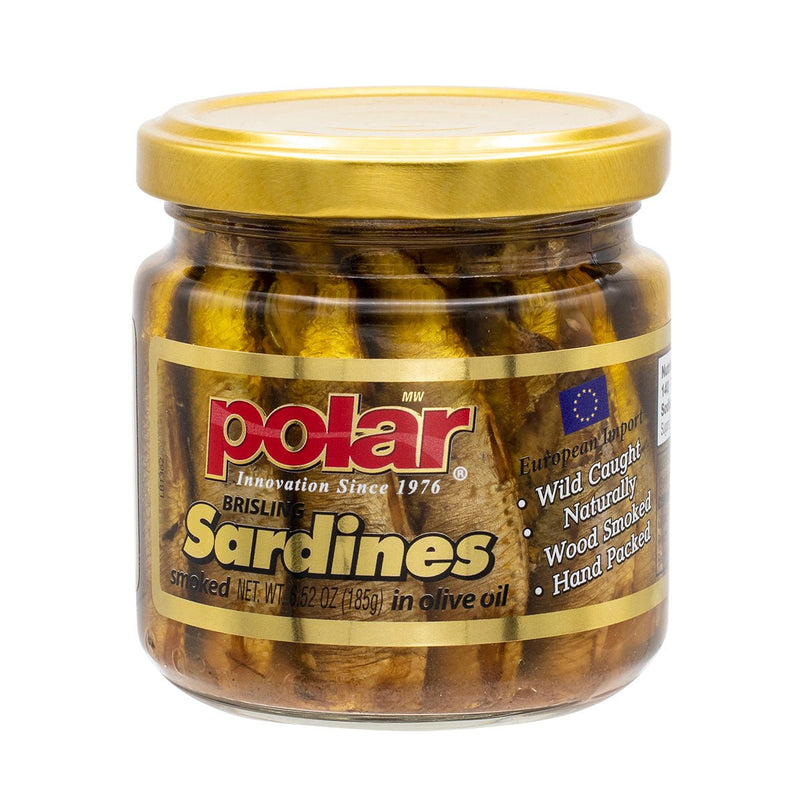 Load image into Gallery viewer, Brisling Sardines Smoked in Olive Oil in Glass Jar - 6.5 oz - 12 Pack - Polar
