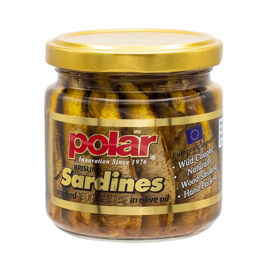 Brisling Sardines Smoked in Olive Oil in Glass Jar - 6.5 oz - 12 Pack - Polar