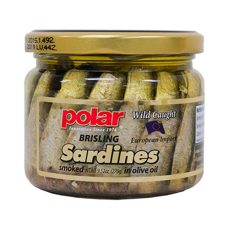 Load image into Gallery viewer, Brisling Sardines Smoked in Olive Oil in Glass Jar - 9.5 oz - 6 Pack - Polar
