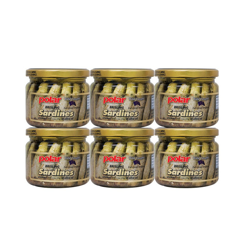 Load image into Gallery viewer, Brisling Sardines Smoked in Olive Oil in Glass Jar - 9.5 oz - 6 Pack - Polar
