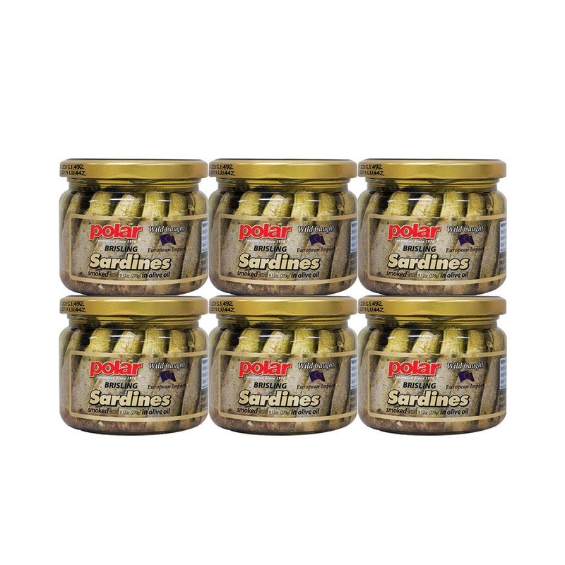 Load image into Gallery viewer, Brisling Sardines Smoked in Olive Oil in Glass Jar - 9.5 oz - 6 Pack - Polar