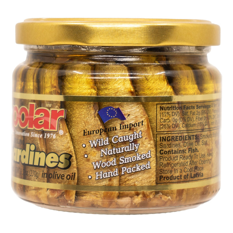 Load image into Gallery viewer, Polar Smoked Brisling Sardines in Olive Oil in Jar 3/9.5oz - 3 Pack - Polar