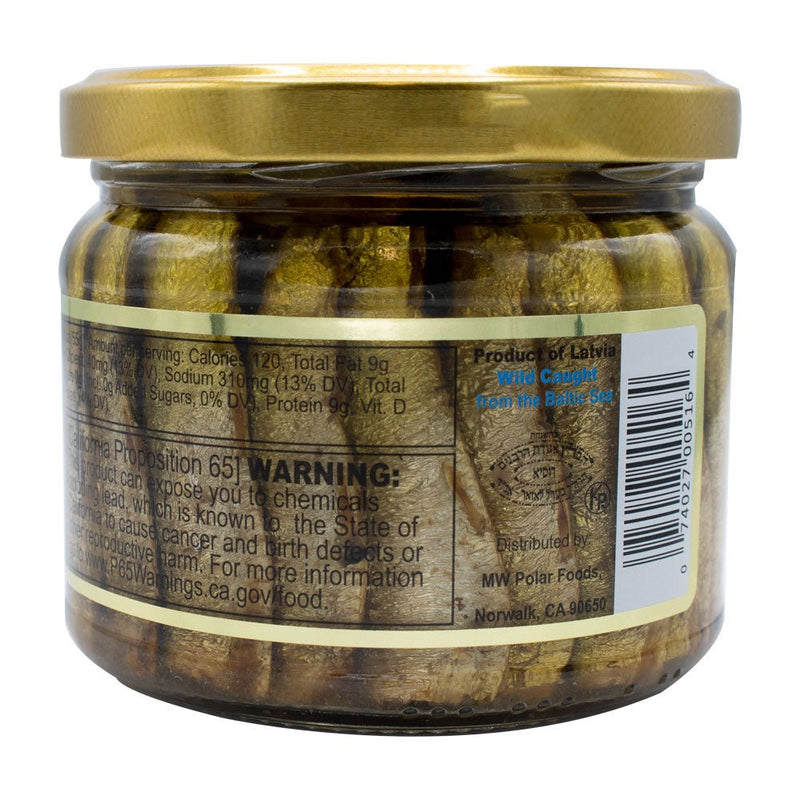 Load image into Gallery viewer, Brisling Sardines Smoked in Olive Oil in Glass Jar - 9.5 oz - 6 Pack - Polar
