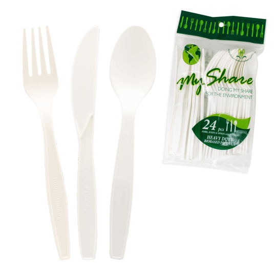 My Share Disposable PSM Cornstarch Combo Cutlery Set Jumbo Knives, Forks, and Spoons 24 count (Pack of 1, 6, or 48) - Polar