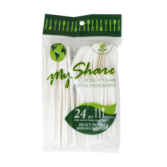 My Share Disposable PSM Cornstarch Combo Cutlery Set Jumbo Knives, Forks, and Spoons 24 count (Pack of 1, 6, or 48)