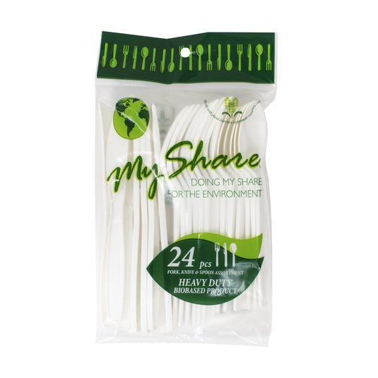 My Share Disposable PSM Cornstarch Combo Cutlery Set Jumbo Knives, Forks, and Spoons 24 count (Pack of 1, 6, or 48) - Polar