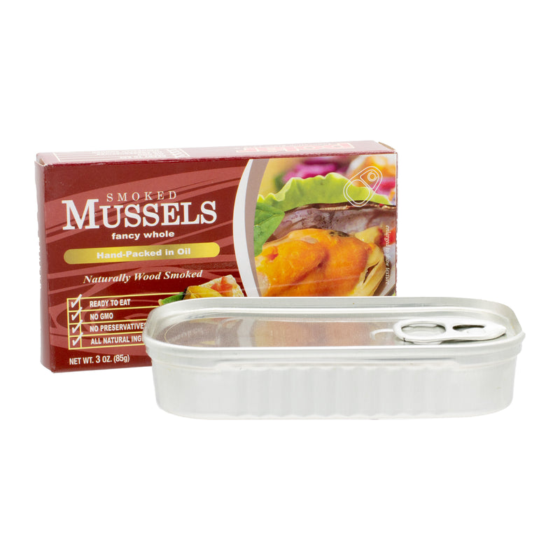 Load image into Gallery viewer, Fancy Whole Smoked Mussels - 3 oz - 24 Pack
