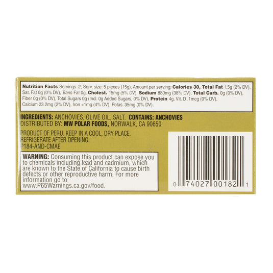 Flat Fillets of Anchovies in Pure Olive Oil - 2 oz - Multiple Pack Sizes - Polar