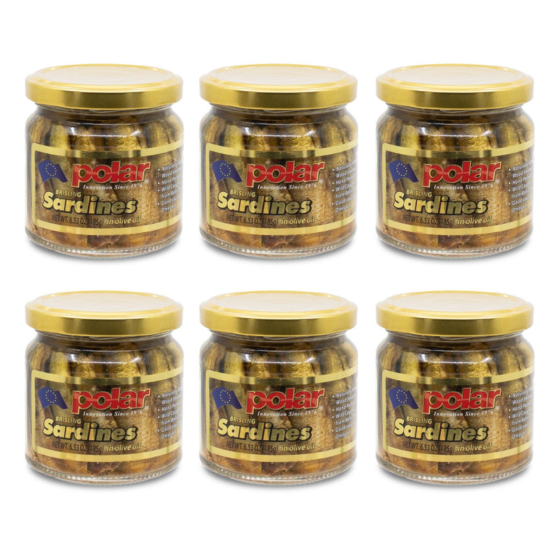 Load image into Gallery viewer, Brisling Sardines Smoked in Olive Oil in Glass Jar - 6.5 oz - NEW 6 Pack Size - Polar

