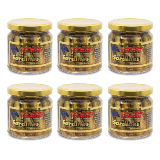 Brisling Sardines Smoked in Olive Oil in Glass Jar - 6.5 oz - NEW 6 Pack Size - Polar