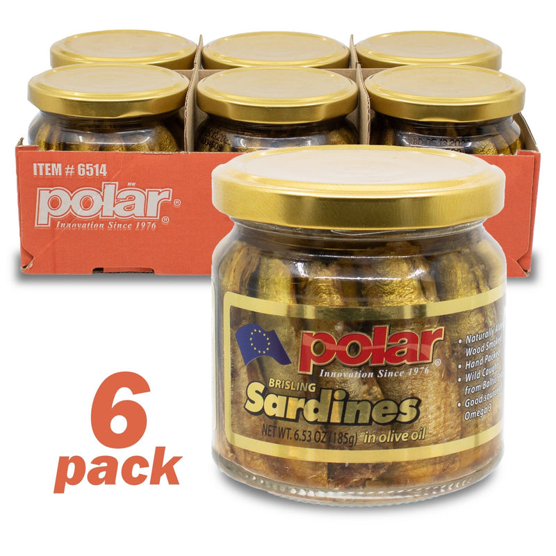 Load image into Gallery viewer, Brisling Sardines Smoked in Olive Oil in Glass Jar - 6.5 oz - NEW 6 Pack Size - Polar
