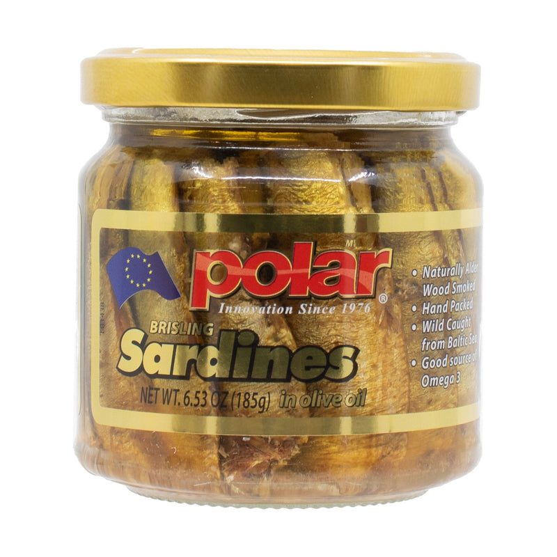 Load image into Gallery viewer, Brisling Sardines Smoked in Olive Oil in Glass Jar - 6.5 oz - NEW 6 Pack Size - Polar
