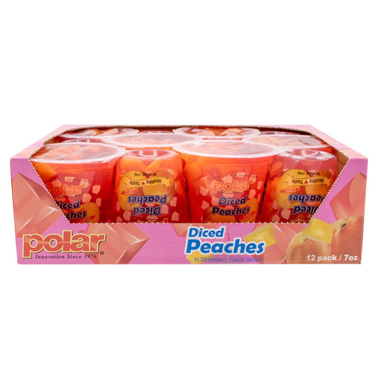 Diced Yellow Peaches in Strawberry Gel - 7 oz - 12 Pack - Polar