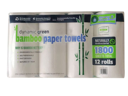 Dynamic Green Bamboo Paper Kitchen Towels - 150 Sheets per Roll - Pack of 12 (1800 Sheets Total) - Polar