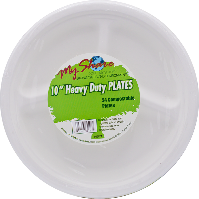 Load image into Gallery viewer, My Share Biodegradable 10&quot; 3-Section Plates, Heavy Duty, 24 Count (Pack of 4 or 12) - MWPolar
